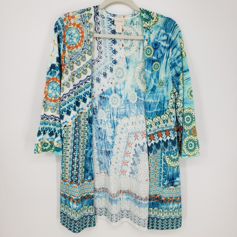 Chicos Abstract Print Cardigan Sweater 3/4 Sleeve Boho Print Women Size 2 L Blue